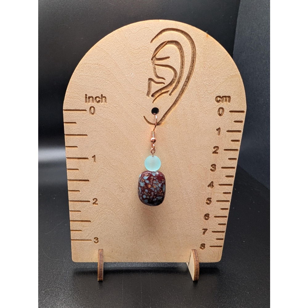 Blue & Brown Glass Dangle Earrings with Rose Gold Hooks Handmade Speckled Bead - Picture 8 of 8